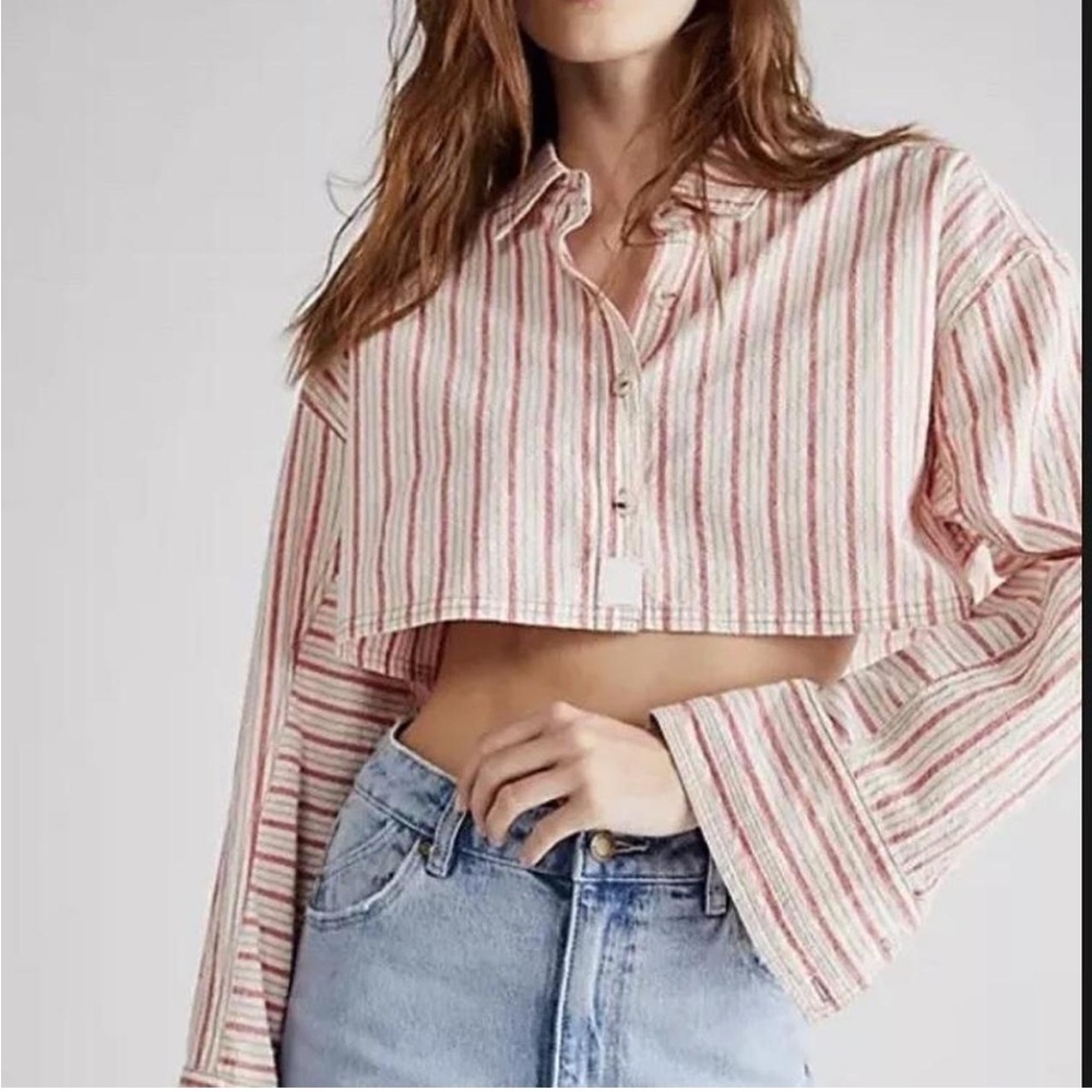 We The Free Orange and Cream cropped Striped button down Shirt